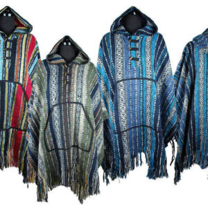 Poncho Brushed Cotton with Tassles Red Grey Blue