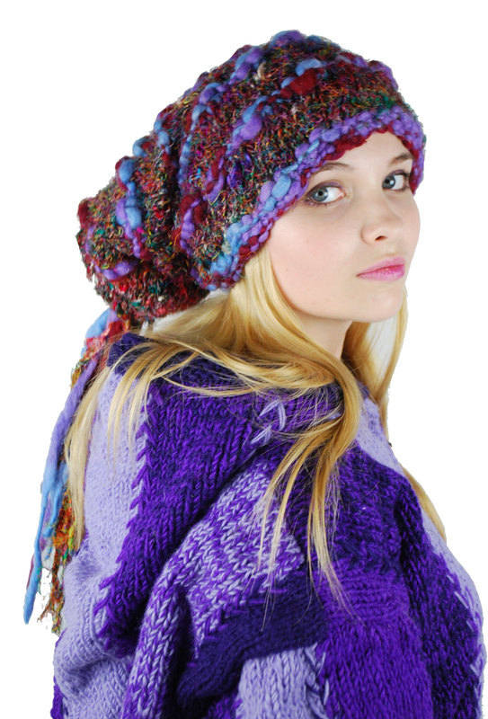 Woolly Beanie Hat with Tassles Purple