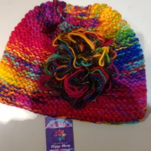 Wooly Rainbow Beanie Hat with Flower